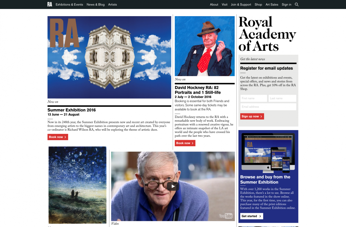 Screenshot of Royal Academy of Arts Homepage